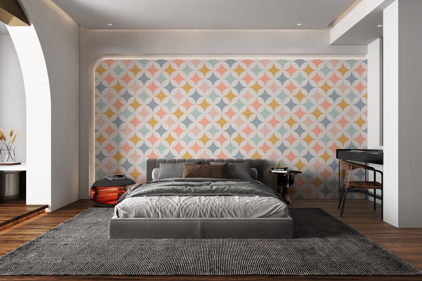 Yellow and peach retro circles pattern wallpaper for a modern bedroom.
