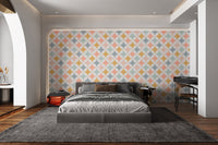 Yellow and peach retro circles pattern wallpaper for a modern bedroom.