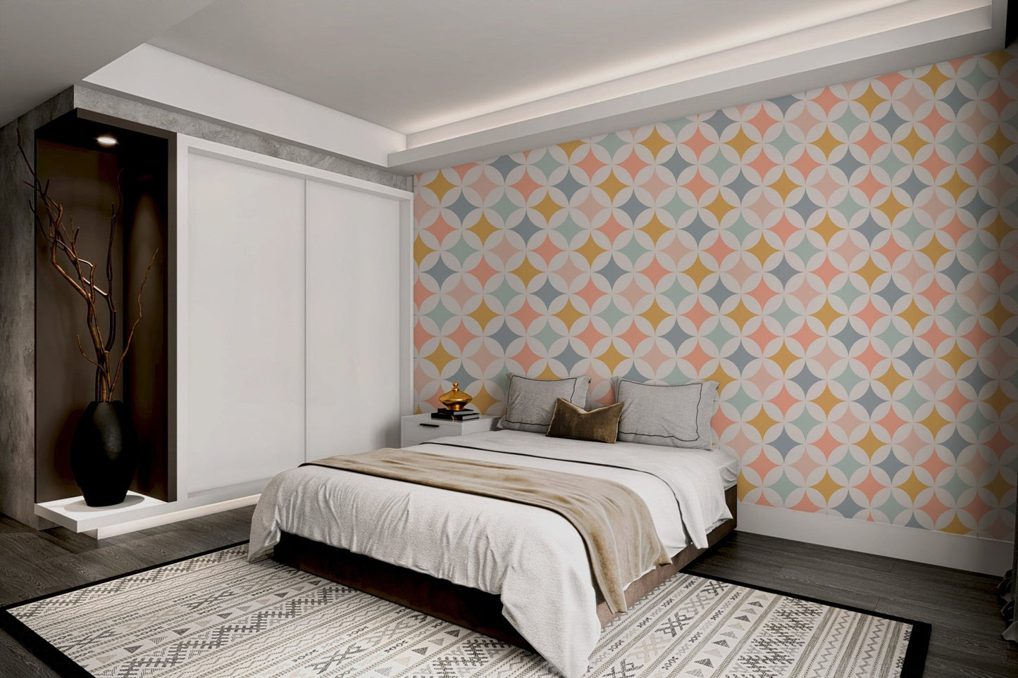 Multi color pastel circle print wallpaper used for a vibrant bedroom feature wall.