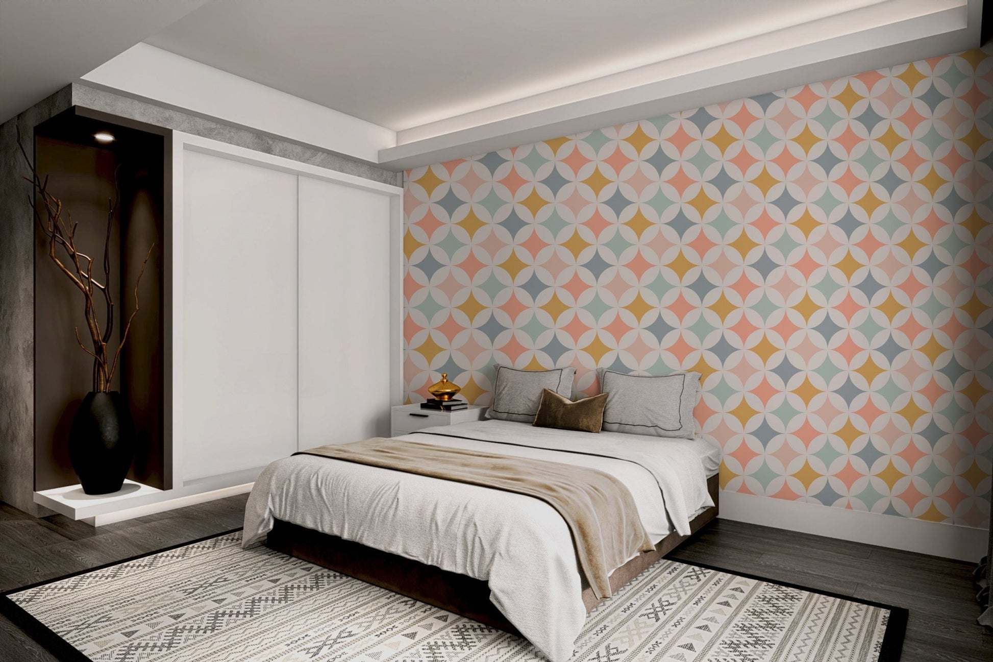 Multi color pastel circle print wallpaper used for a vibrant bedroom feature wall.