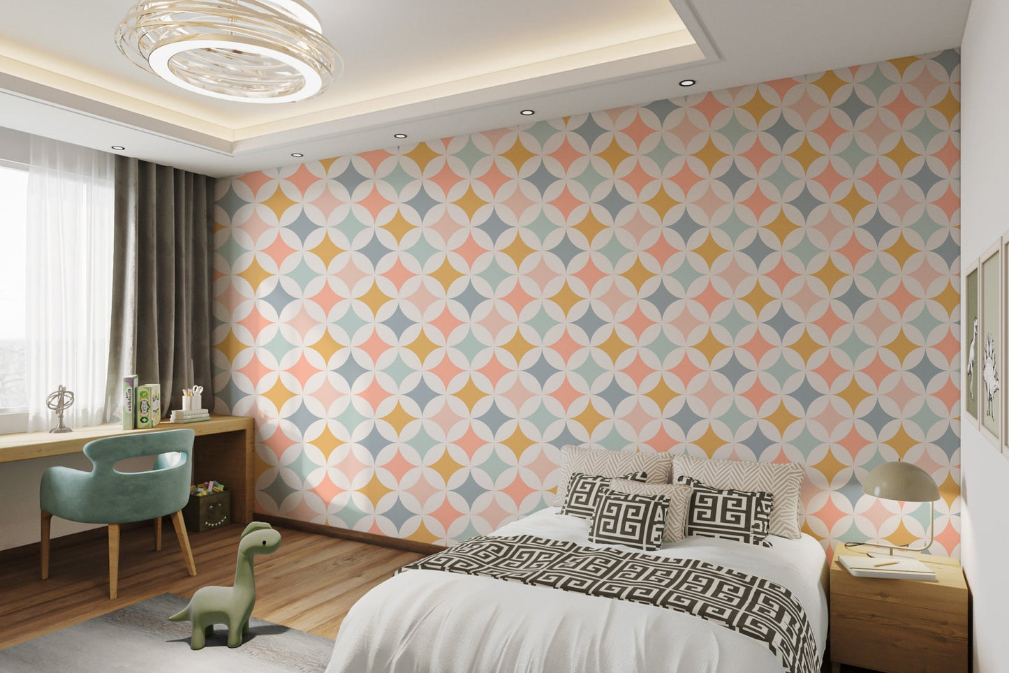 Colorful retro circles pattern wallpaper with peach and yellow for a bedroom.
