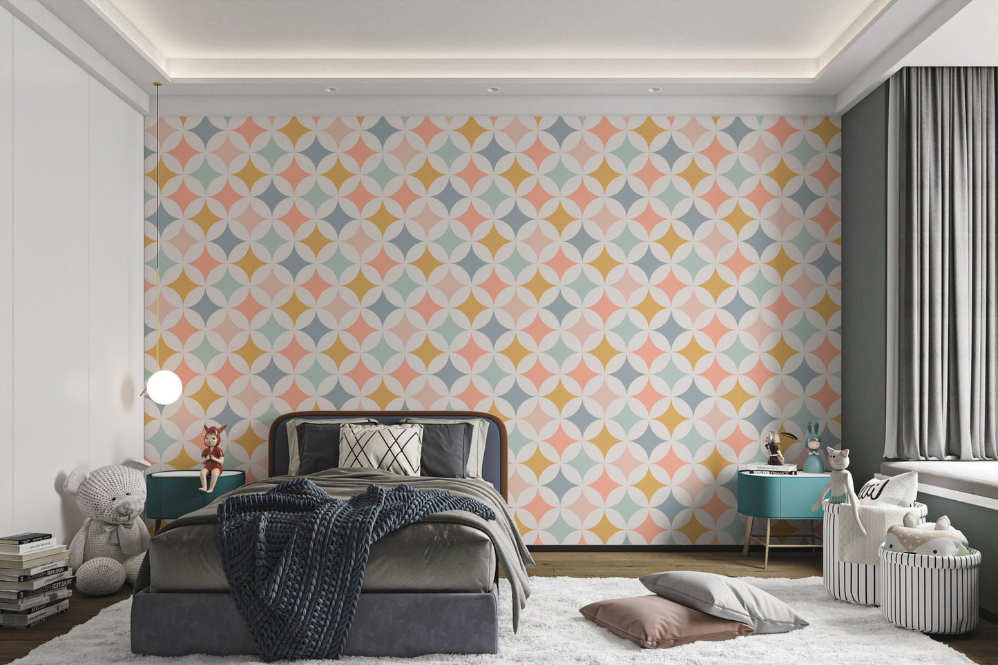Vintage inspired circle print wallpaper in yellow and peach tones.