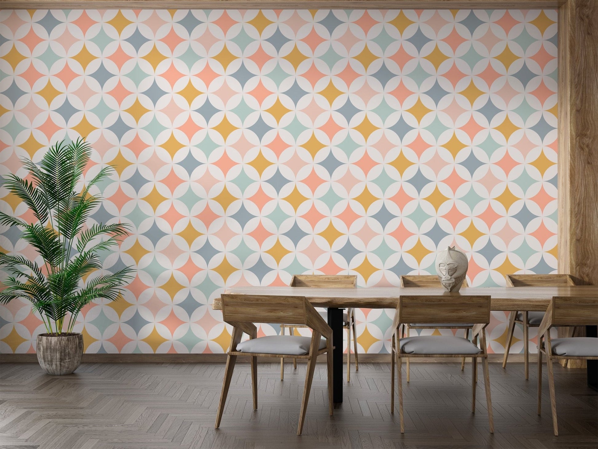 Geometric circles pattern wallpaper in grey and blue for dining room.