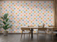Geometric circles pattern wallpaper in grey and blue for dining room.