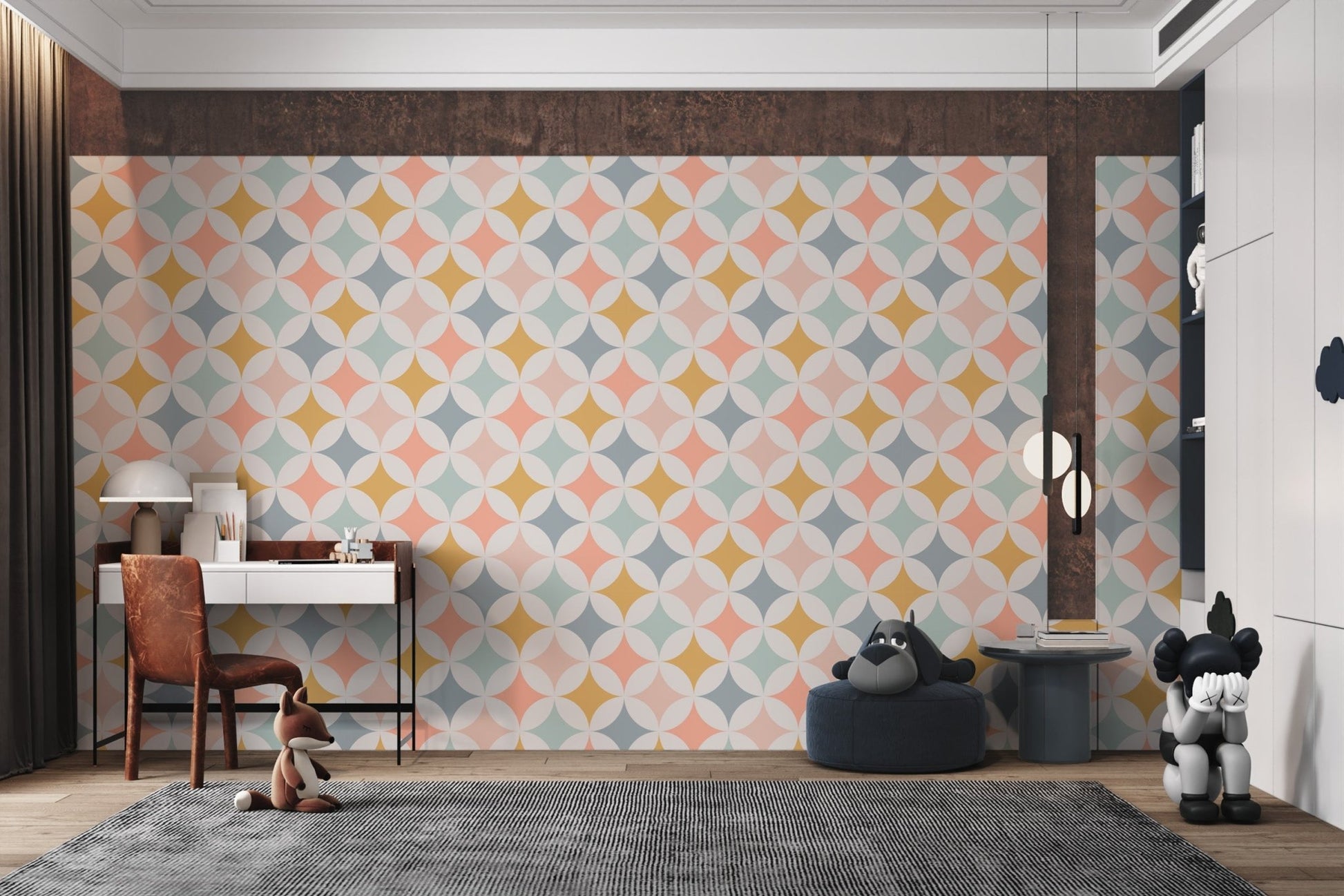 Modern blue and grey retro circles pattern wallpaper for study room walls.