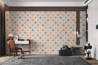 Modern blue and grey retro circles pattern wallpaper for study room walls.