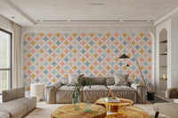 Peach and white geometric wallpaper for minimalist living room.