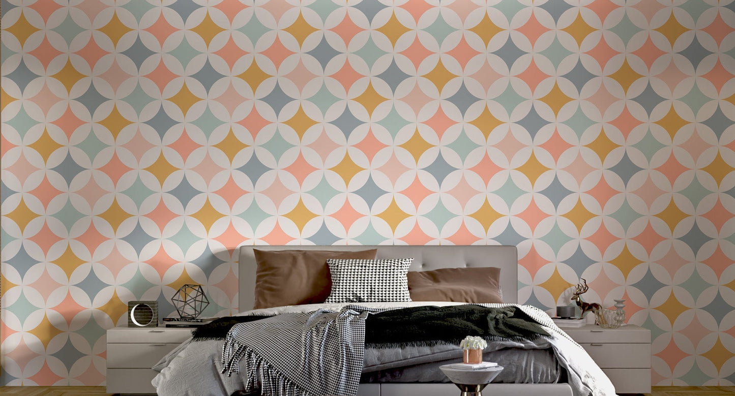 Retro style circle pattern wallpaper in white and blue tones.