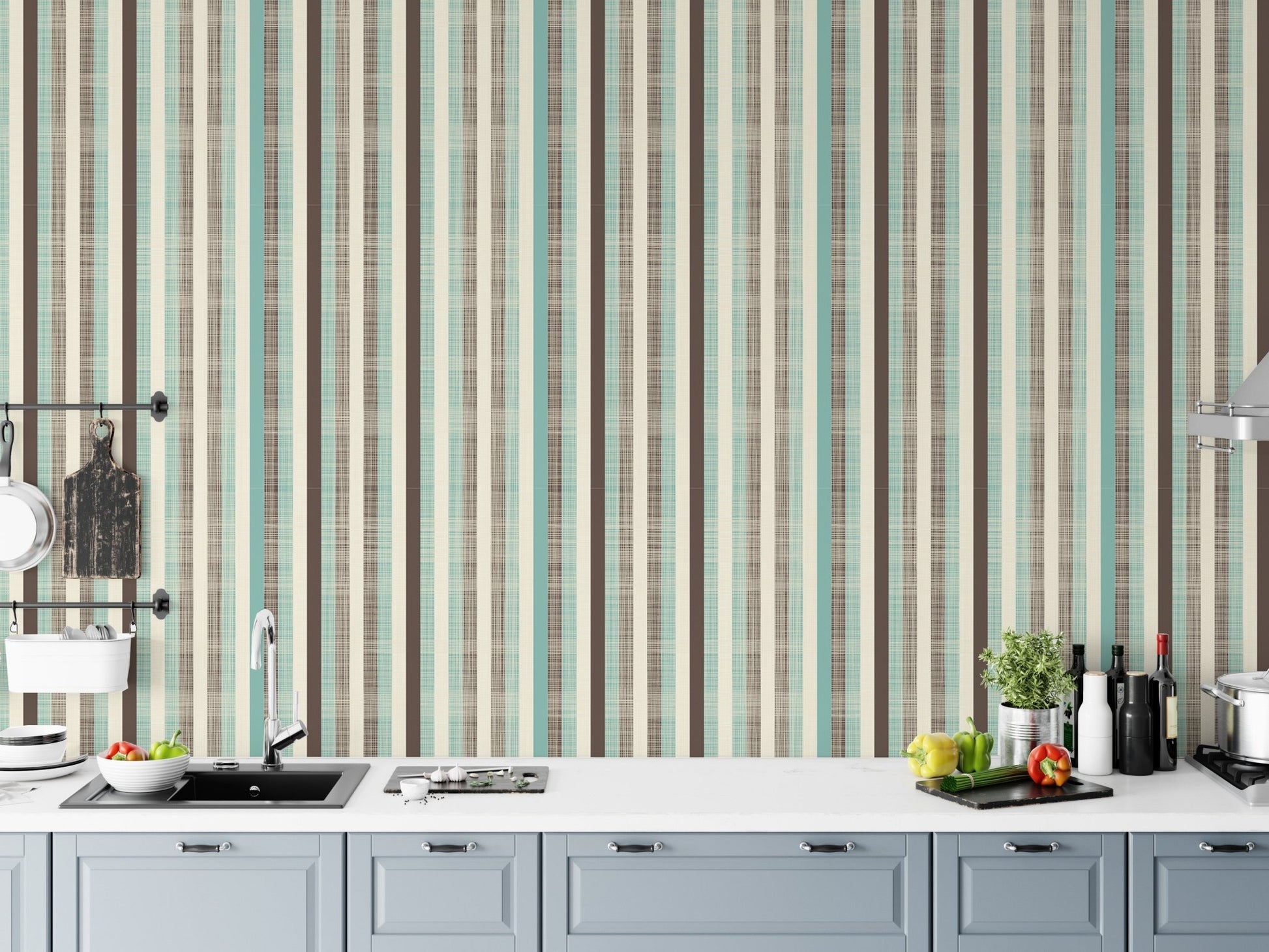 Kitchen backsplash area featuring water-resistant green and brown striped wallpaper.