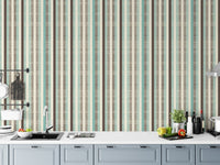 Kitchen backsplash area featuring water-resistant green and brown striped wallpaper.
