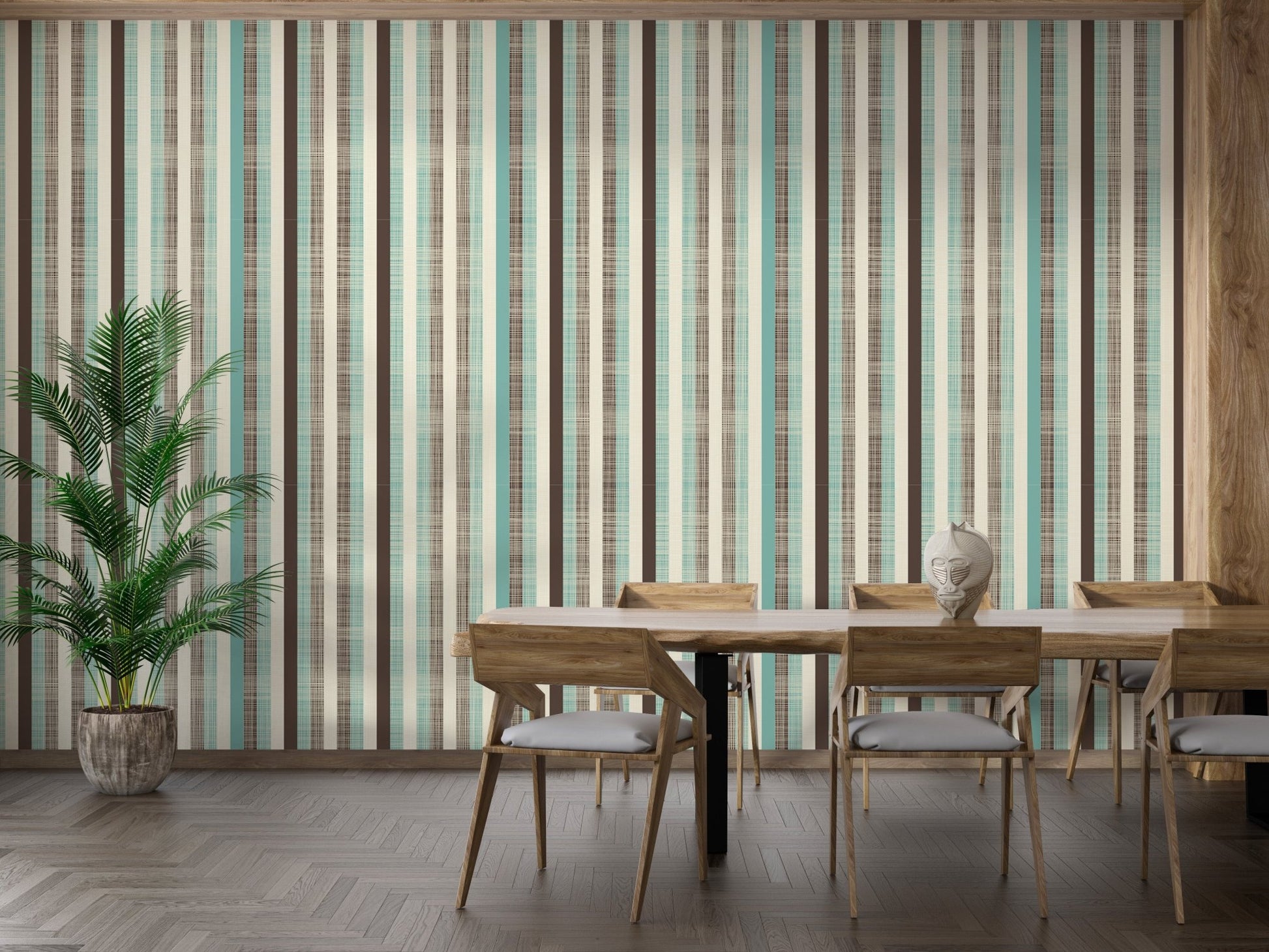 Large dining room wall covered in Retro Fabric Green Brown Stripe Wallpaper.