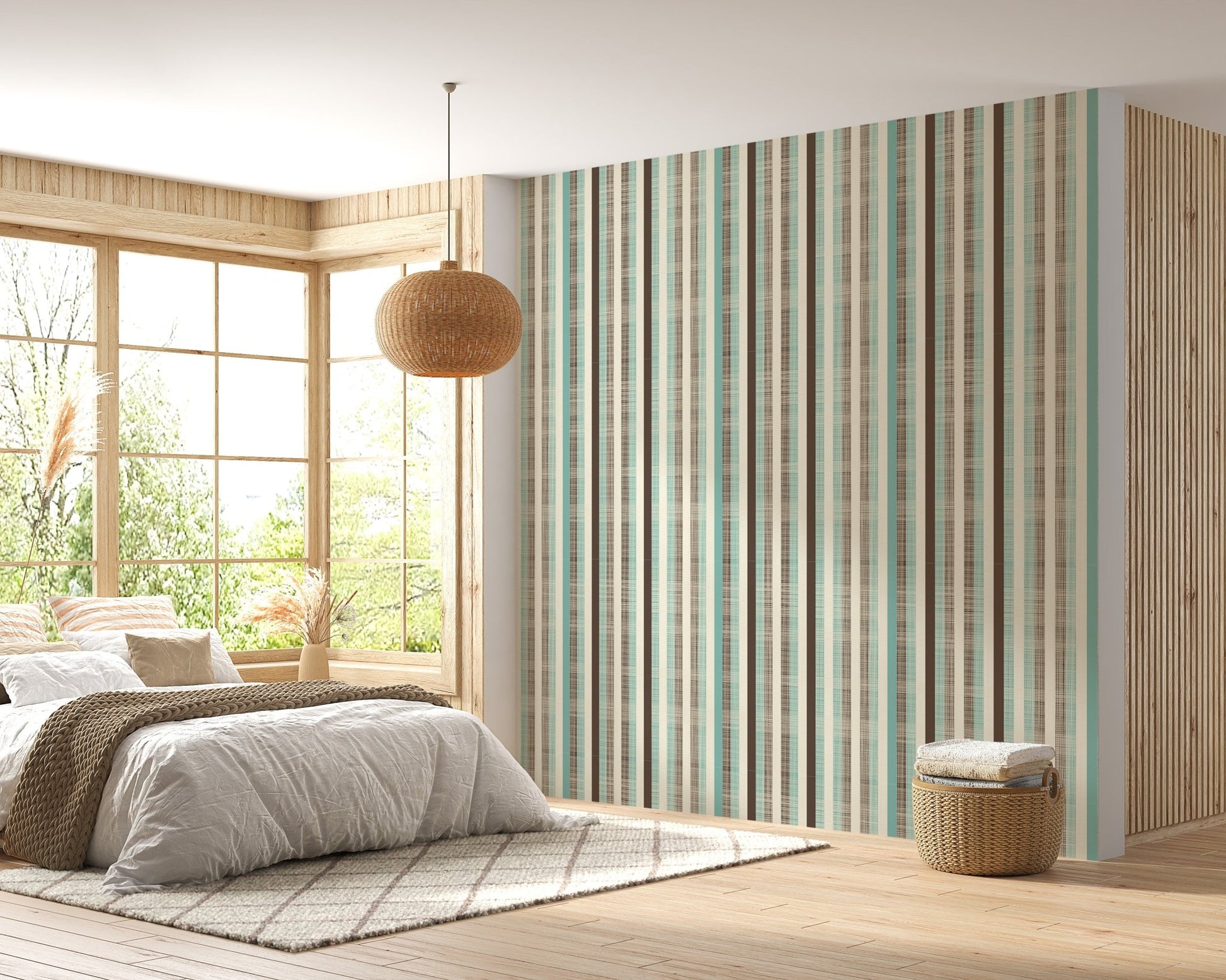 Textured stripe wallpaper in a sunlit bedroom with neutral bedding and rug.