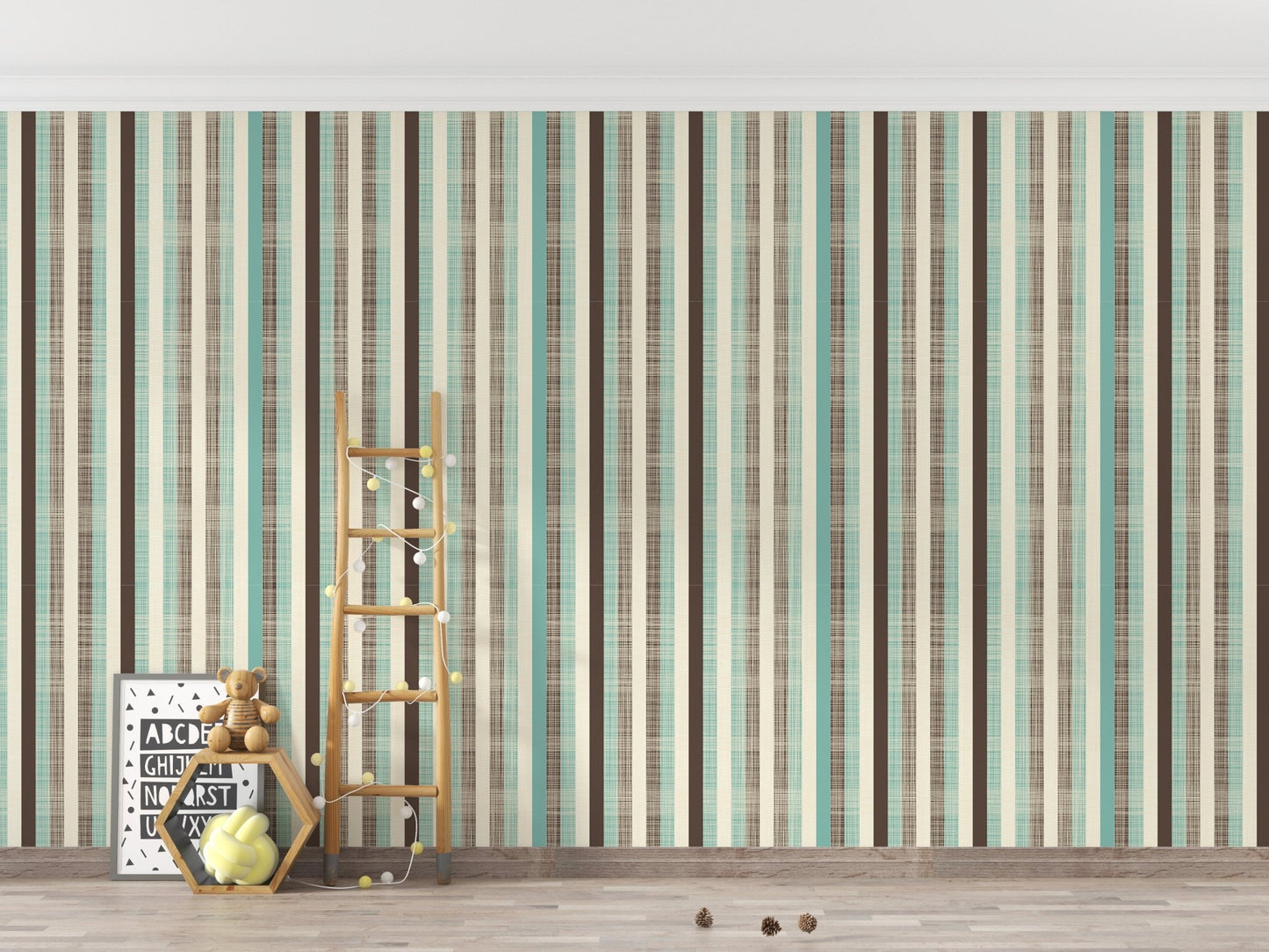 Striped wallpaper in a minimalist space with a wooden ladder and toys.