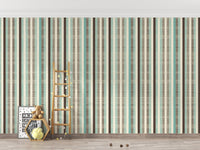 Striped wallpaper in a minimalist space with a wooden ladder and toys.
