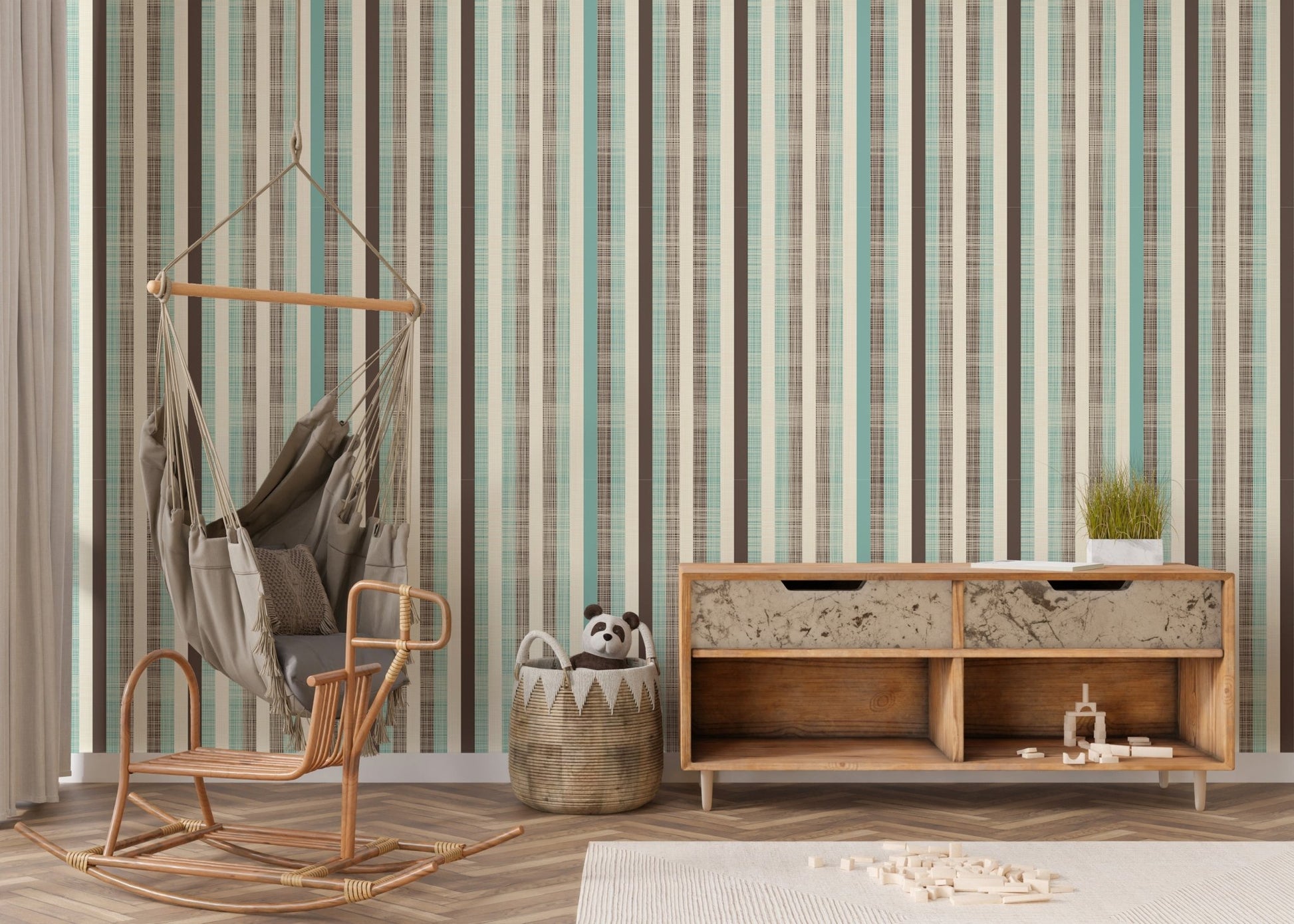 Retro Fabric Green Brown Stripe Wallpaper used as a backdrop for a wooden TV unit.
