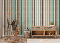Retro Fabric Green Brown Stripe Wallpaper used as a backdrop for a wooden TV unit.