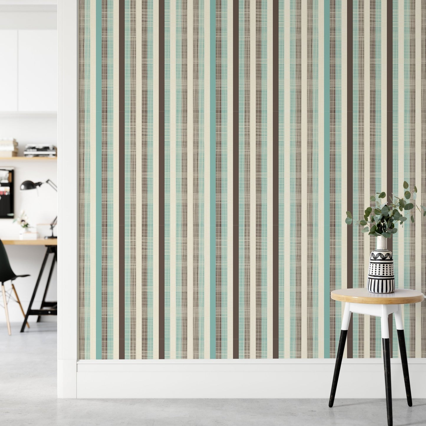 Bright hallway wall decorated with Retro Fabric Green Brown Stripe Wallpaper.