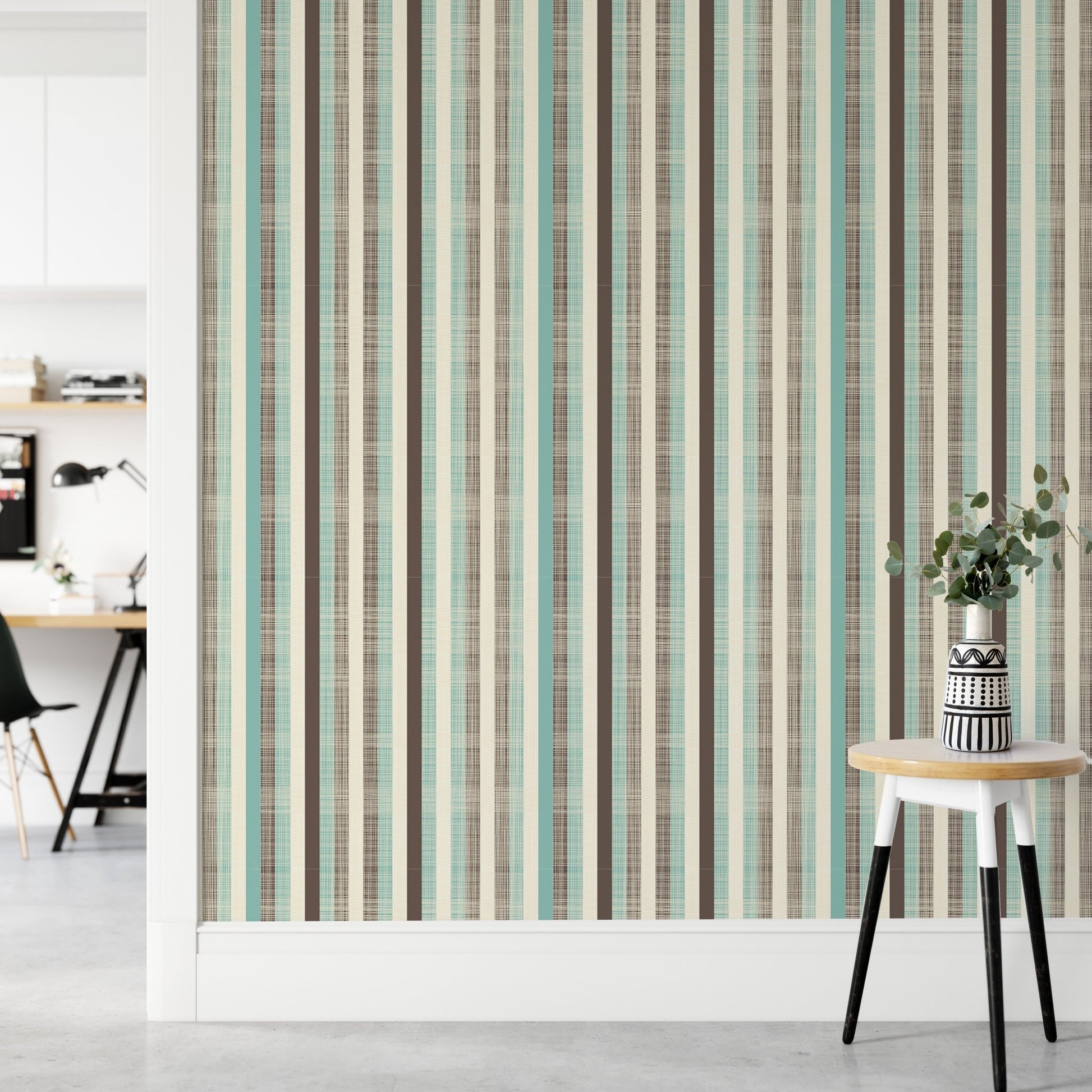 Bright hallway wall decorated with Retro Fabric Green Brown Stripe Wallpaper.