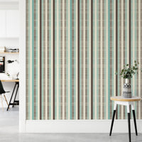 Bright hallway wall decorated with Retro Fabric Green Brown Stripe Wallpaper.