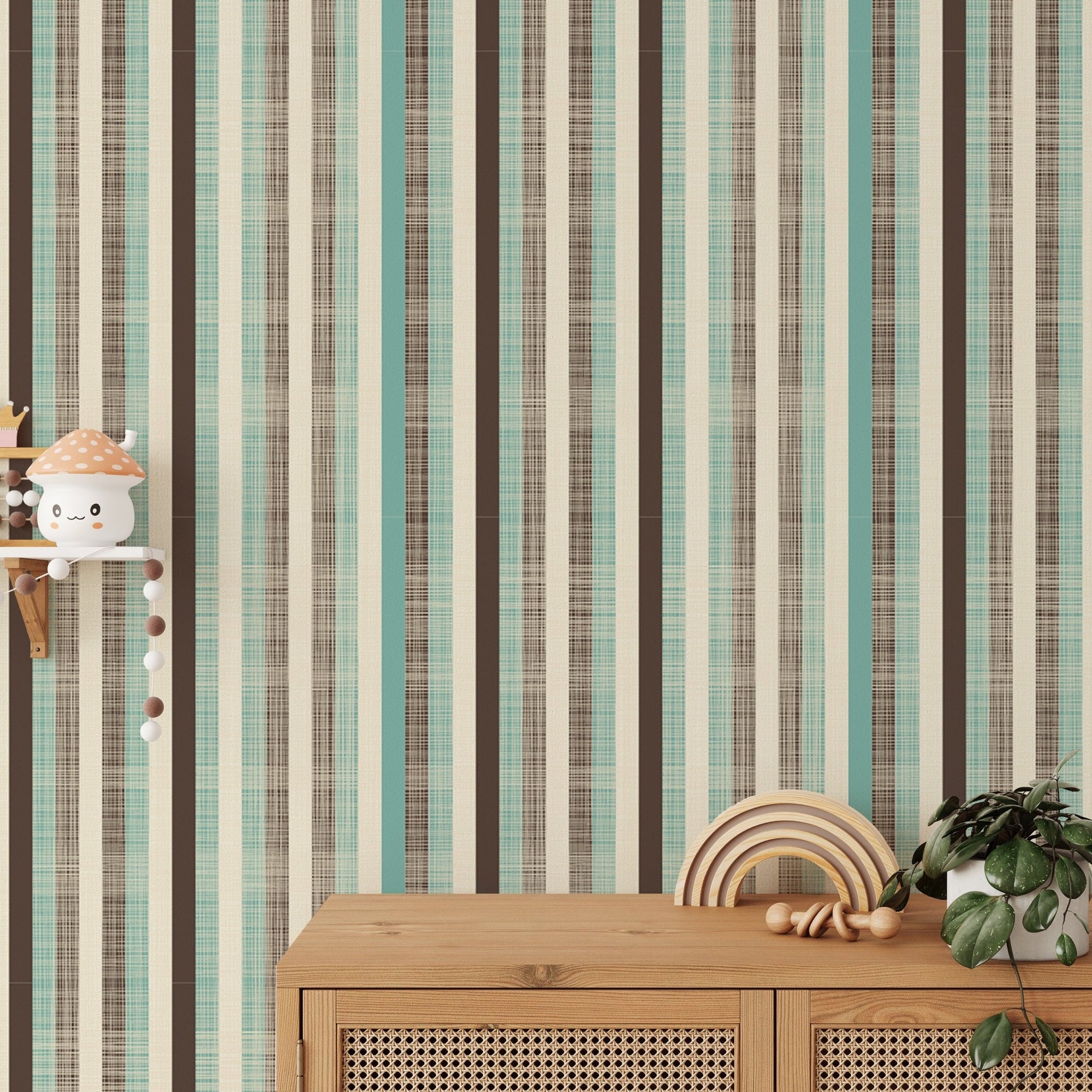Retro Fabric Green Brown Stripe Wallpaper on living room wall with wooden sideboard.