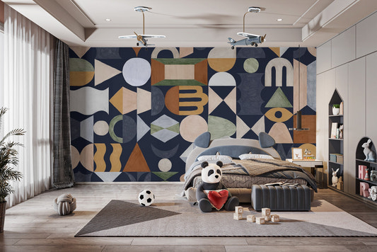 Mid-century modern wallpaper with earthy terracotta and sage geometric shapes.