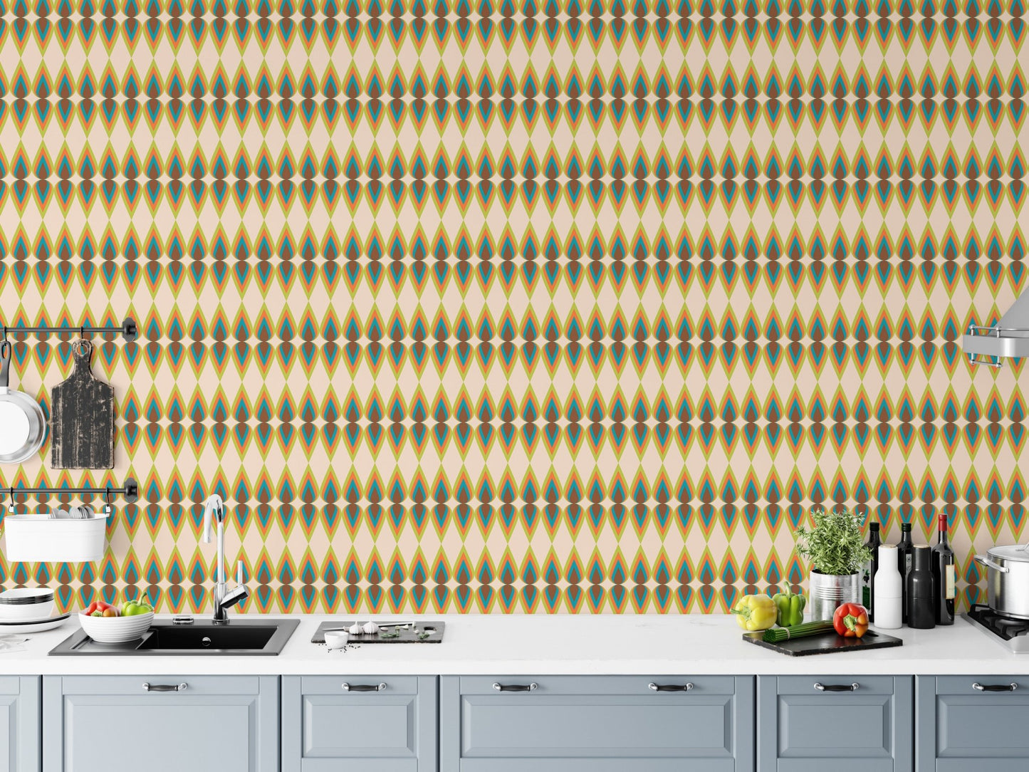 Retro Rainbow Stripes Pattern Illustration Old Wall mural used as a kitchen backsplash area.