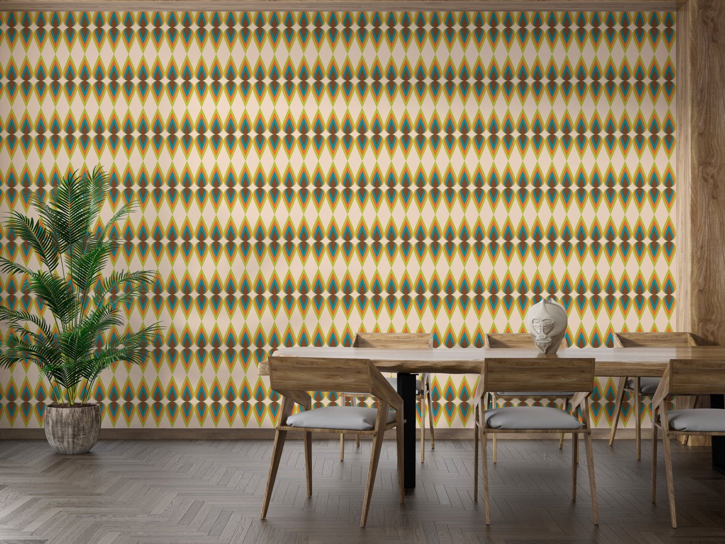 Horizontal yellow and green striped wall mural behind a wooden dining table set.