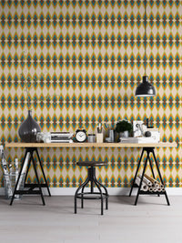 Vertical view of geometric striped wall mural in a home office with a black desk.