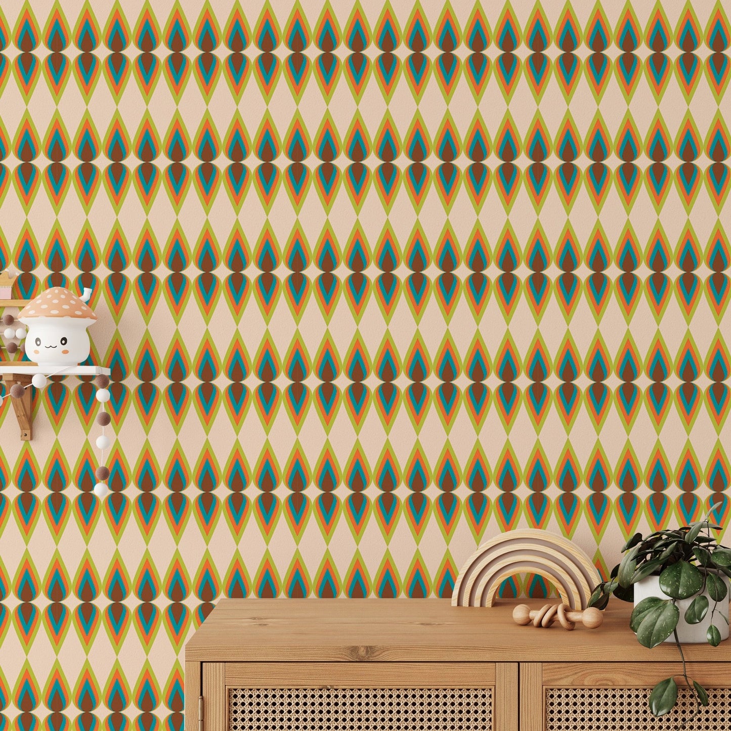 Textured look of yellow and teal striped wall mural behind a wooden sideboard.