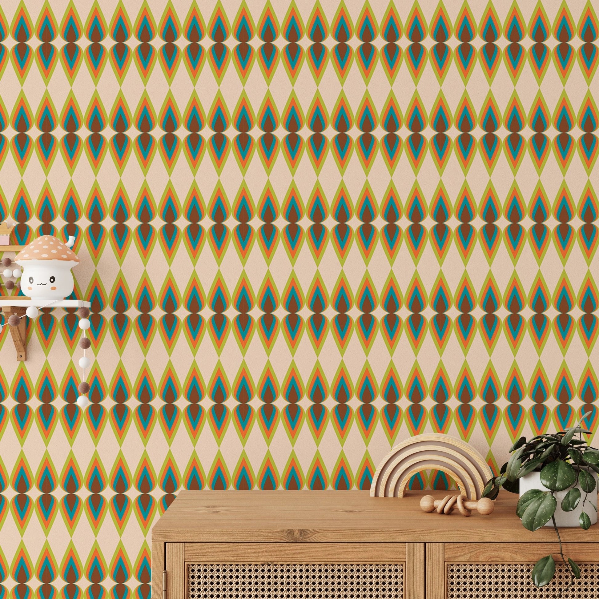 Textured look of yellow and teal striped wall mural behind a wooden sideboard.