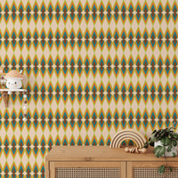 Textured look of yellow and teal striped wall mural behind a wooden sideboard.