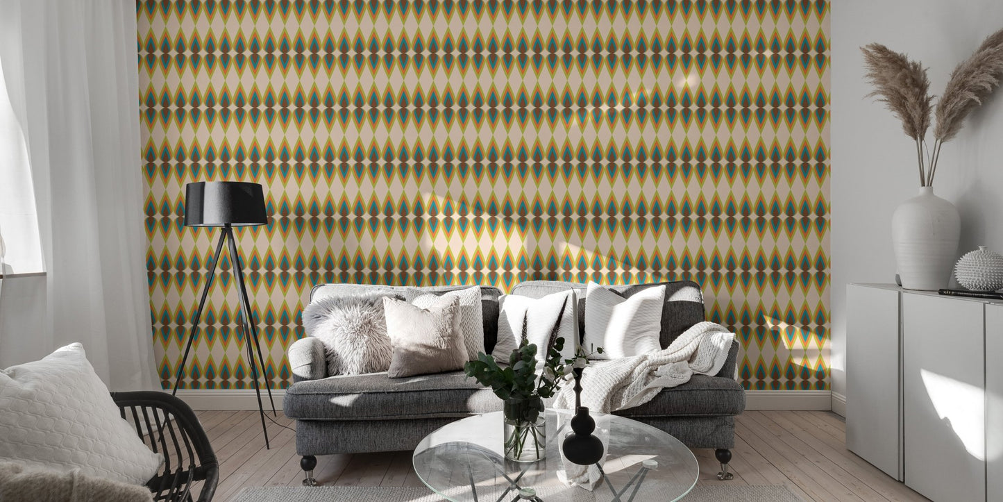 Retro Rainbow Stripes Pattern Illustration Old Wall mural in living room with grey sofa.