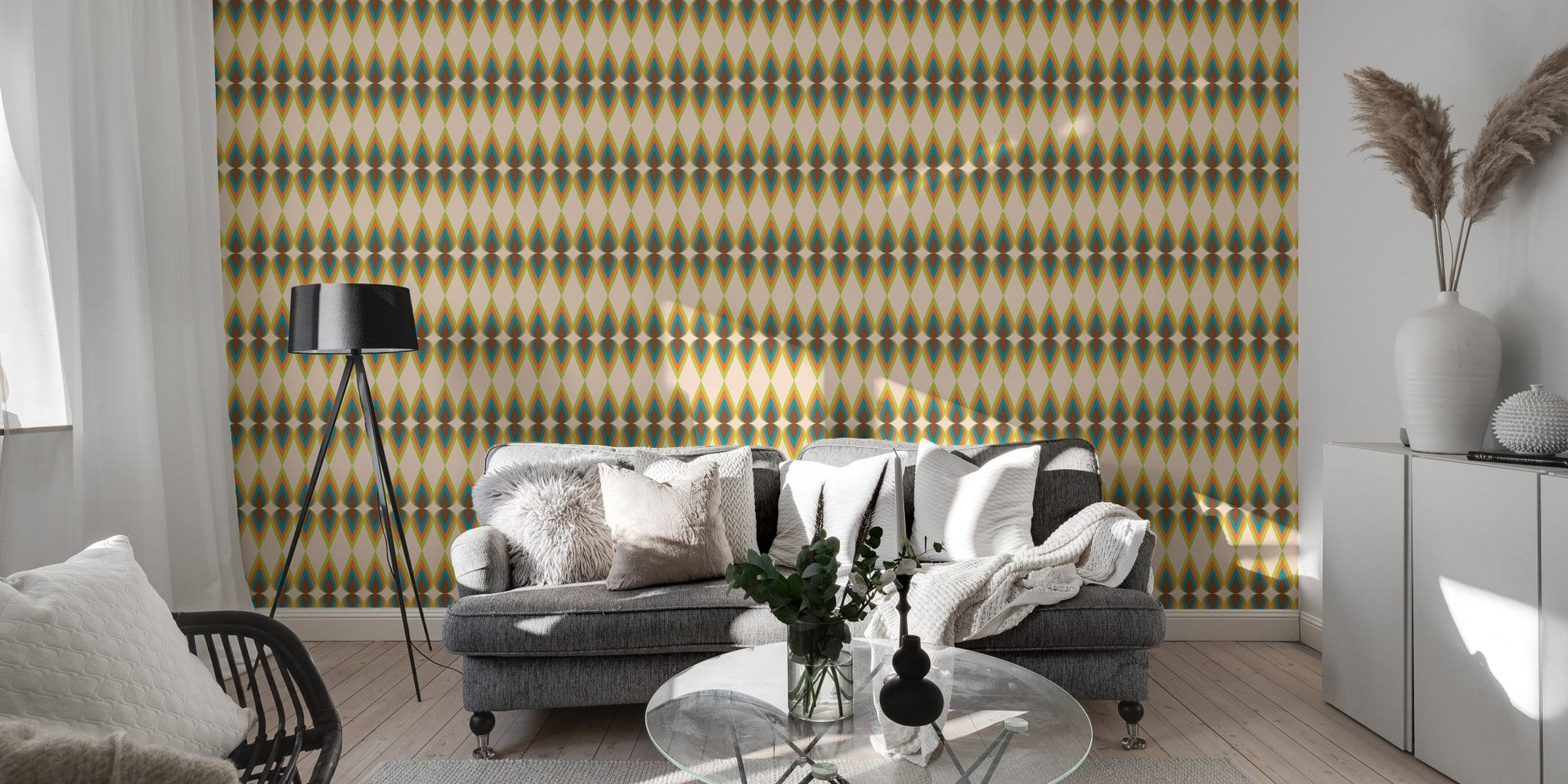 Retro Rainbow Stripes Pattern Illustration Old Wall mural in living room with grey sofa.