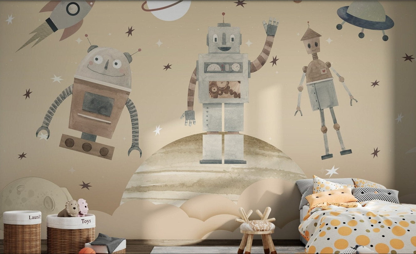 Beige and brown wall mural with moon and planet for kids bedroom.