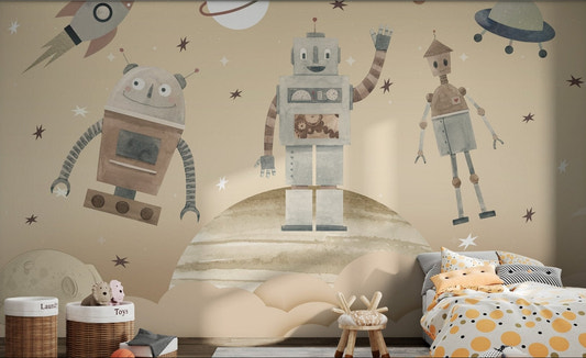 Beige and brown wall mural with moon and planet for kids bedroom.