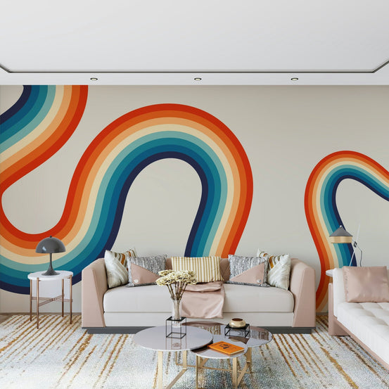 Retro Spectrum Waves Wall Mural with orange and blue curved lines for apartment walls.