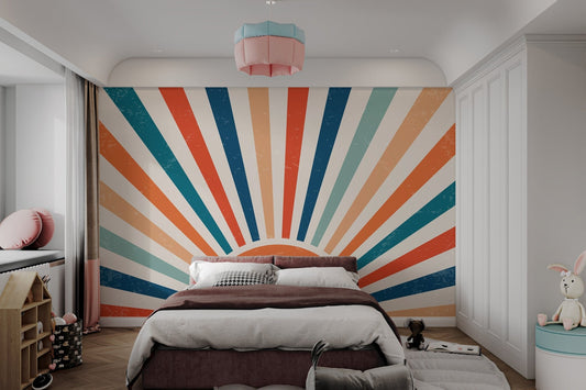 Artistic sunburst mural with teal and orange stripes on off-white base.