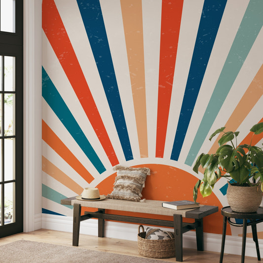 Abstract geometric wall mural with a large orange semi circle sun.