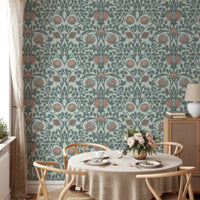 Retro Vintage Enchanted Floral Wallpaper in a dining room setup.