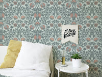 Enchanted floral wallpaper with vintage retro style for bedroom wall.