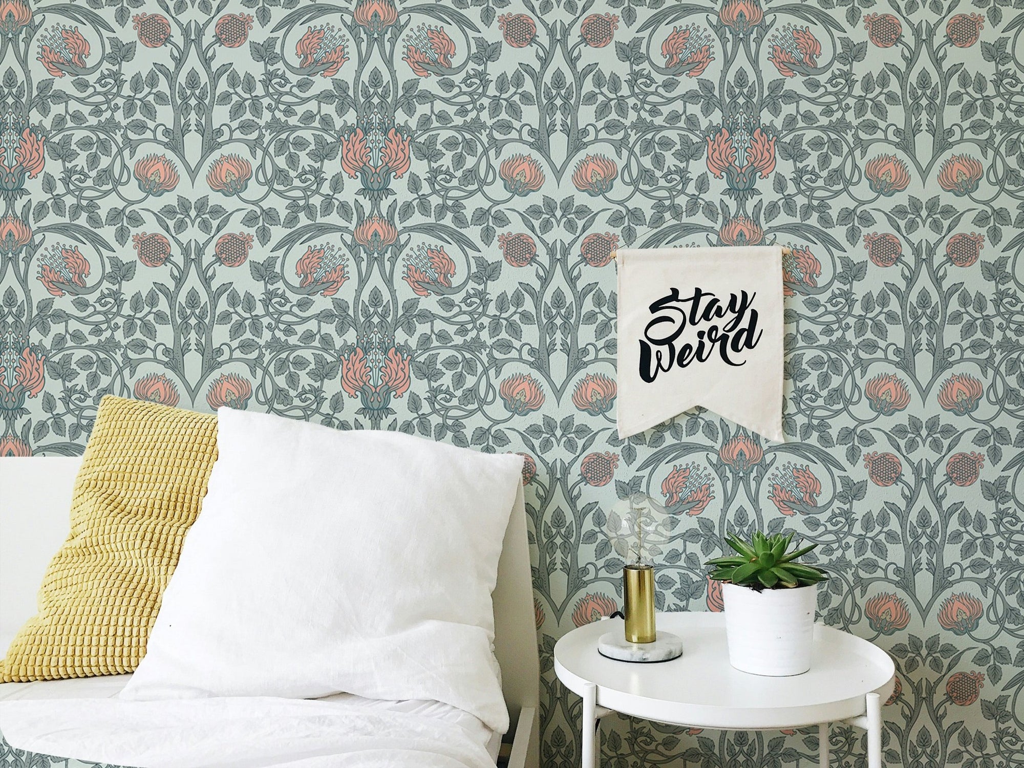 Enchanted floral wallpaper with vintage retro style for bedroom wall.