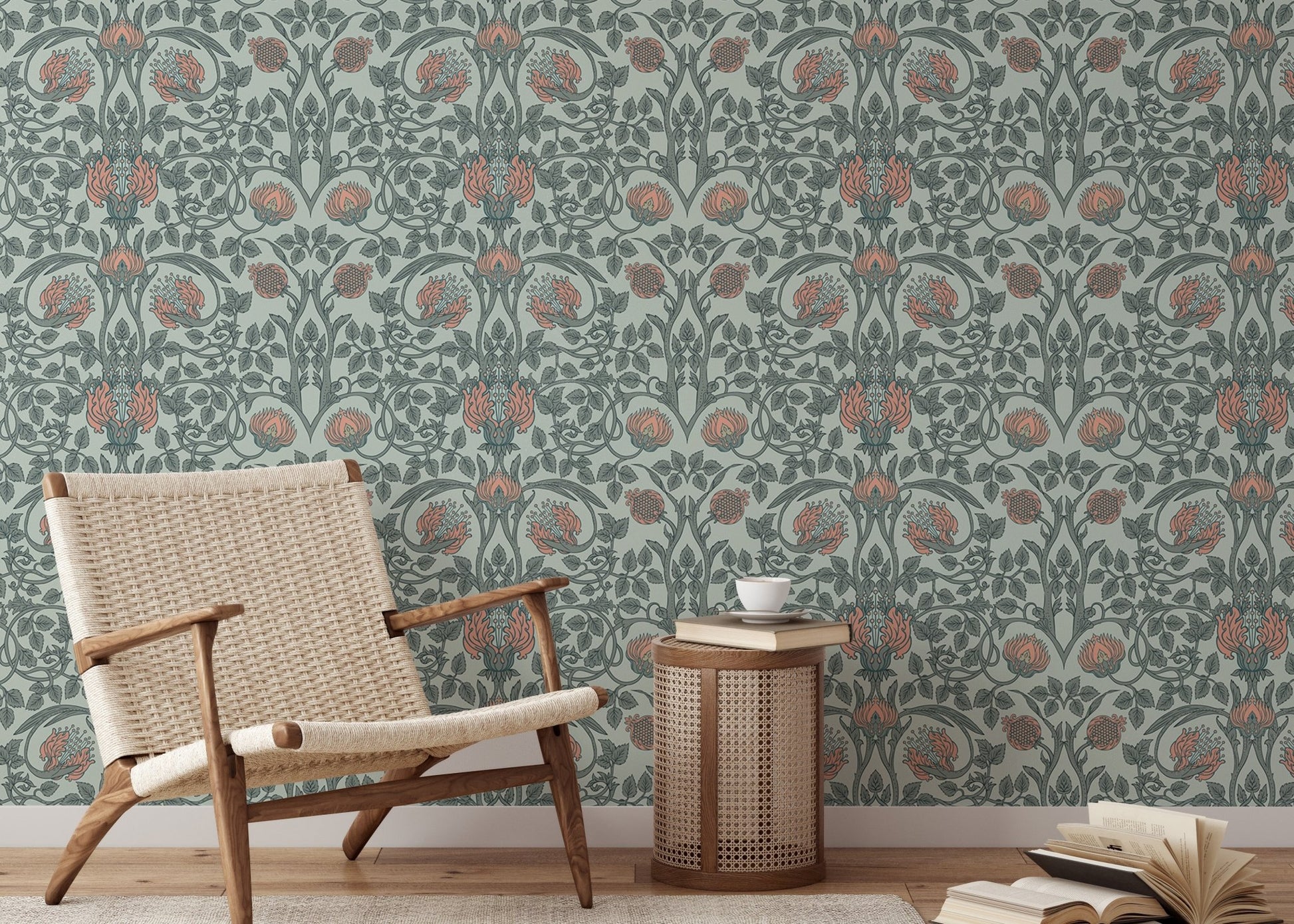 Retro wallpaper with timeless vintage floral details for a minimalist study area.