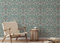 Retro wallpaper with timeless vintage floral details for a minimalist study area.