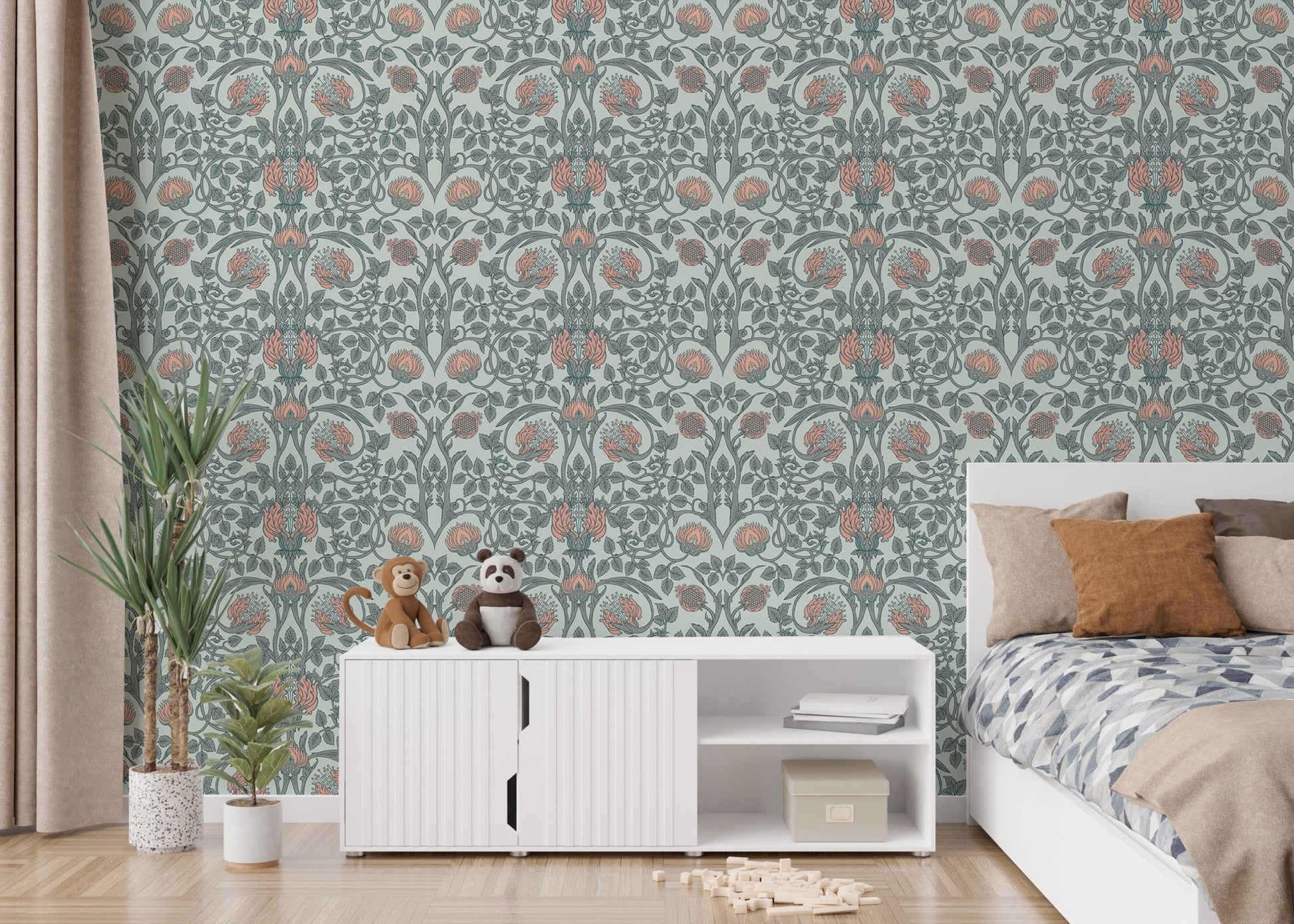 Vintage floral wallpaper with retro design elements on bedroom backdrop.