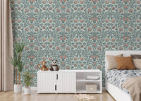Vintage floral wallpaper with retro design elements on bedroom backdrop.