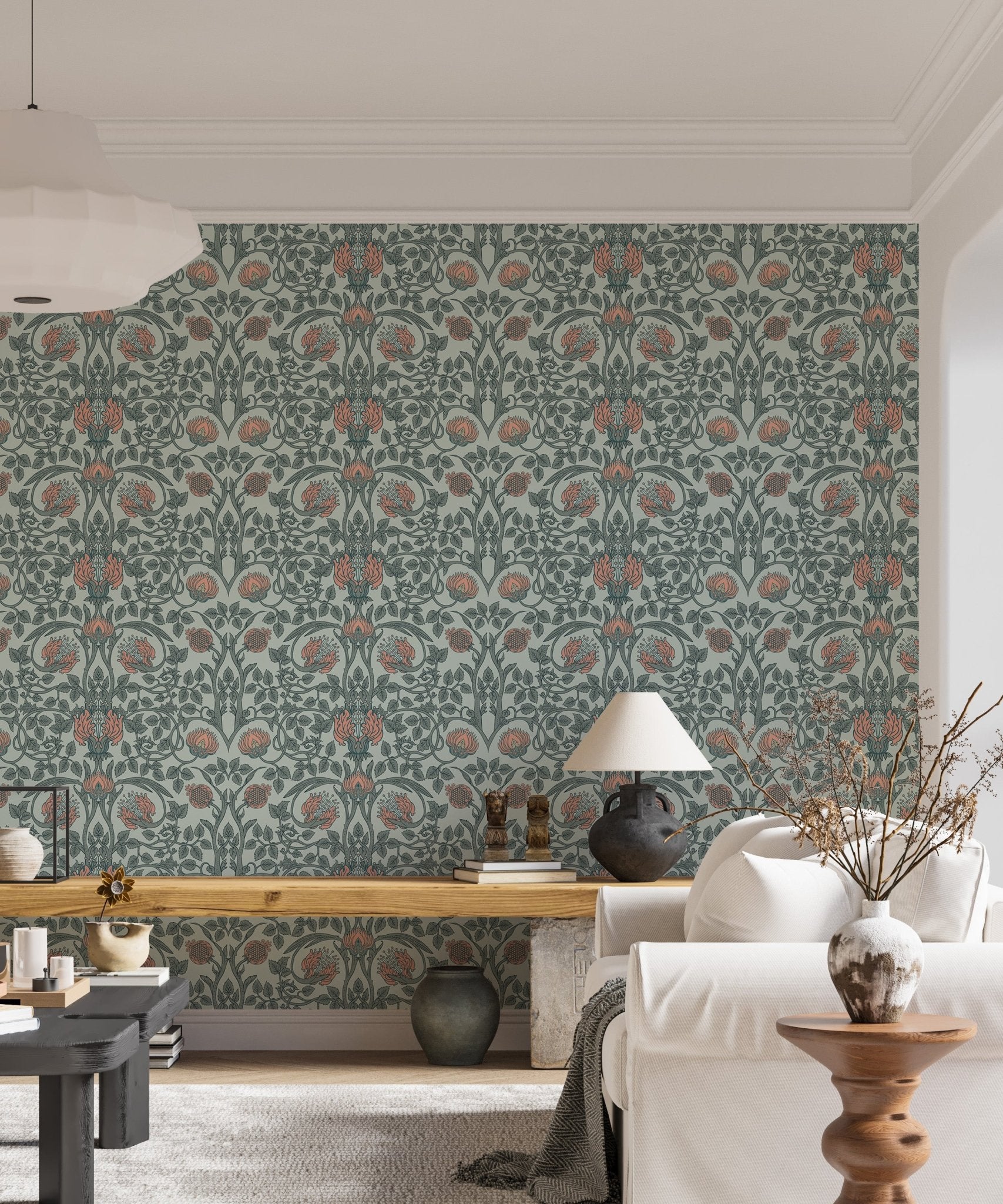 Living room wall featuring elegant enchanted floral wallpaper with retro charm.