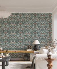Living room wall featuring elegant enchanted floral wallpaper with retro charm.