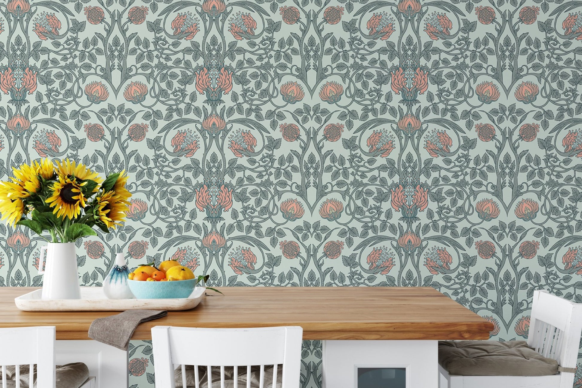 Vintage-inspired retro wallpaper with floral motifs for dining walls.