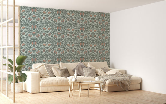 Living area decorated with classic floral wall mural.