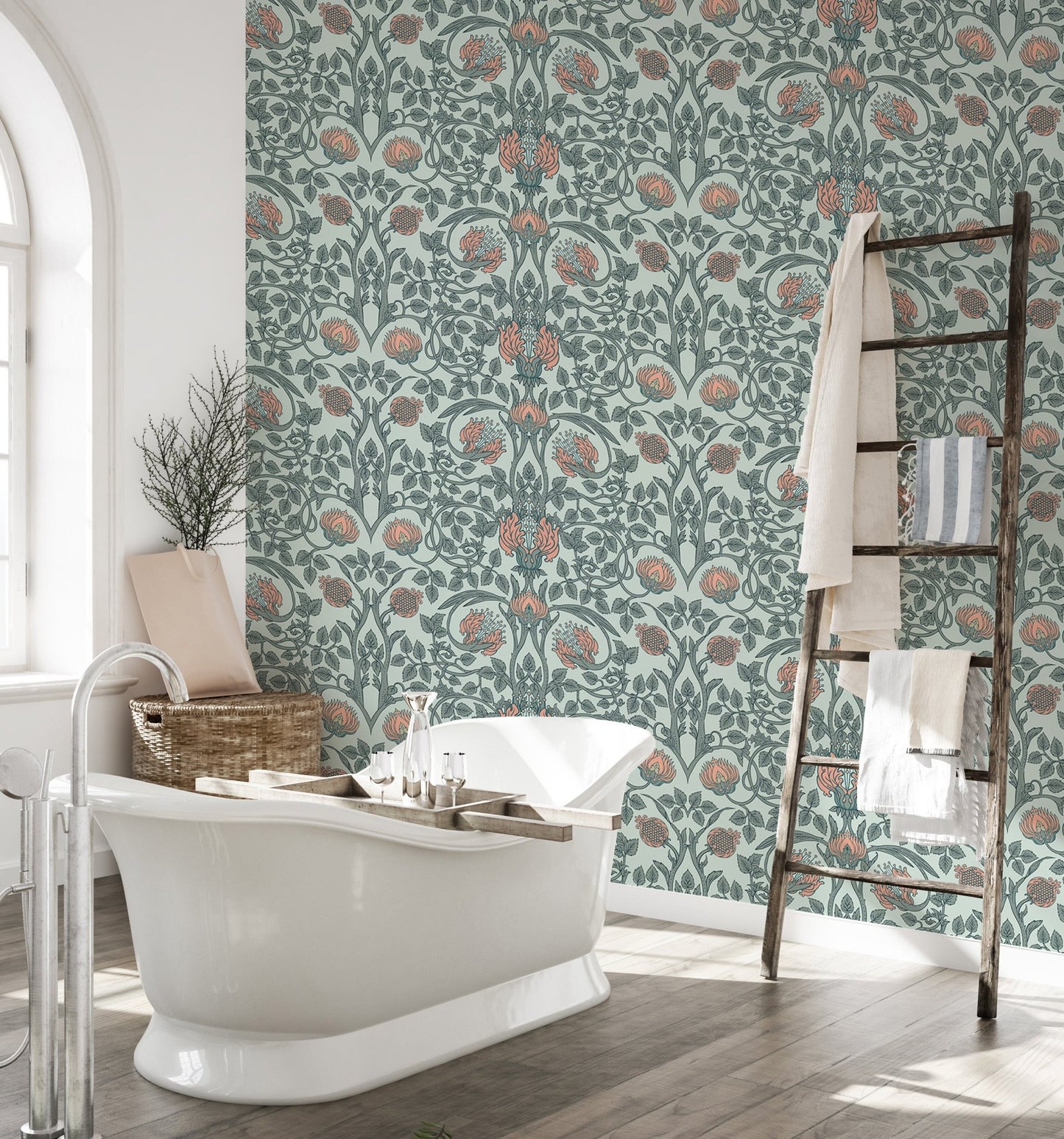 Floral pattern wall mural styled in a cozy bathroom interior.